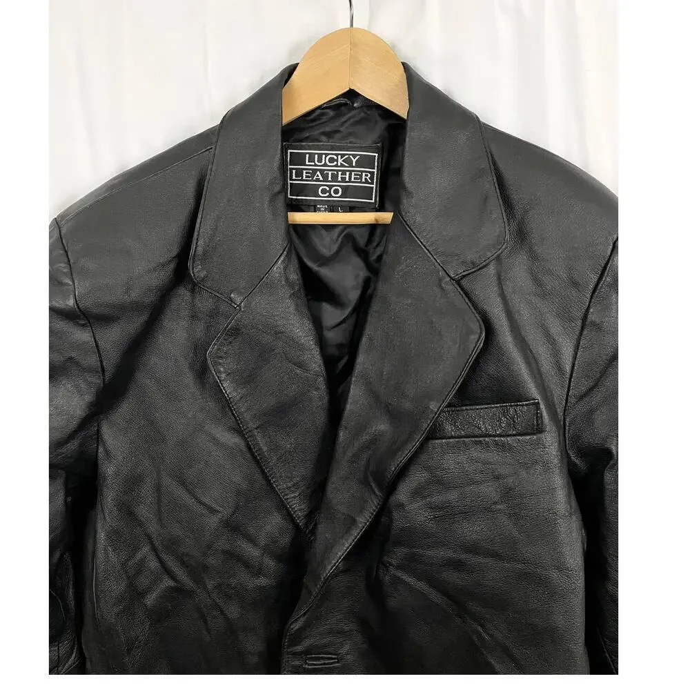 VTG Black Genuine Leather Jacket LARGE Lined Button Collar Lucky Leather Company